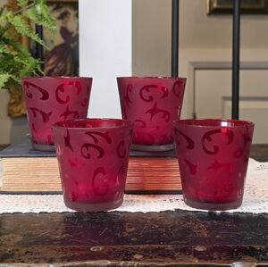 Set of 4 Ruby Red Glass Votive Candle Holders | Etched Scroll Pattern | 3" Tall